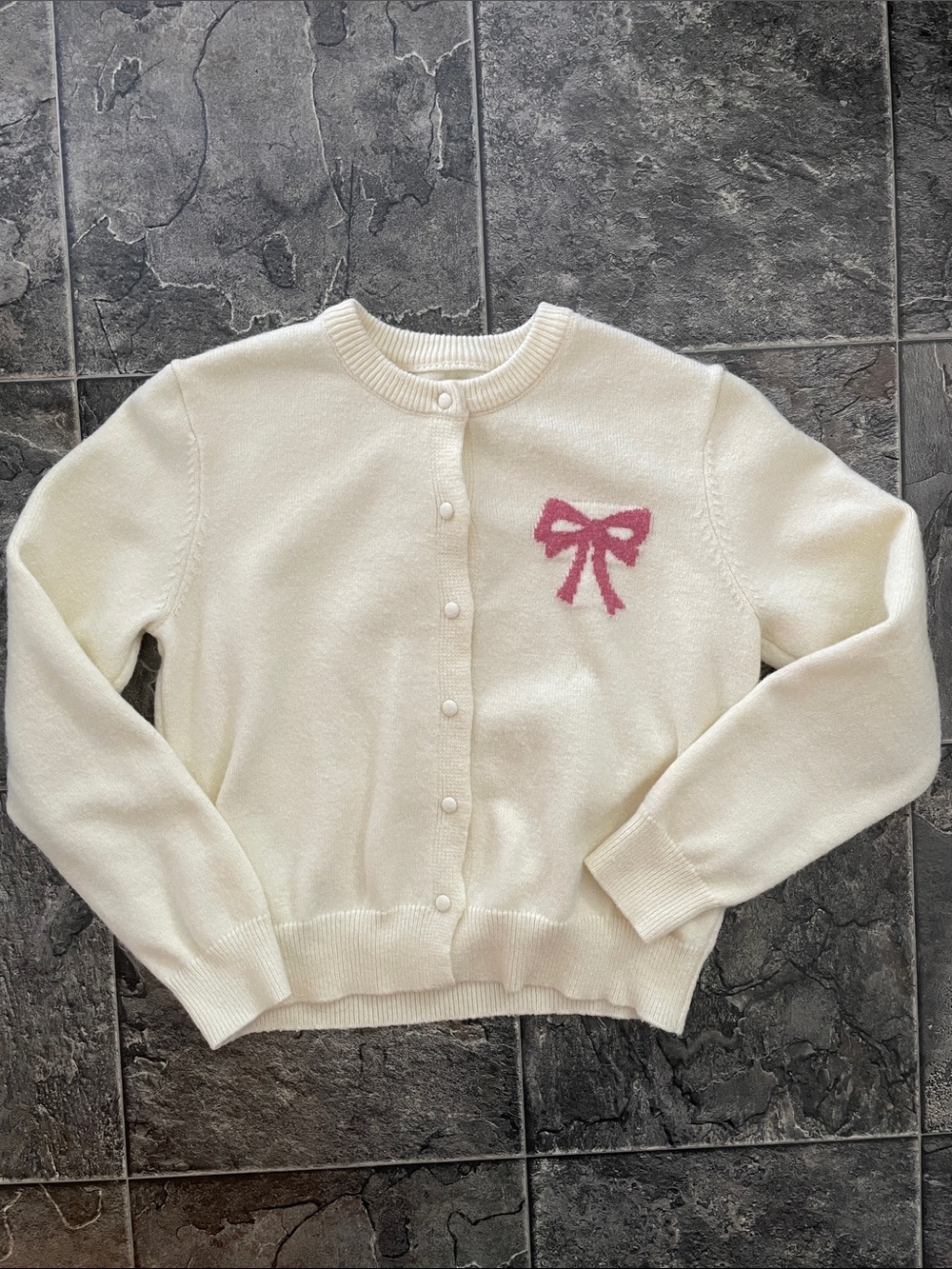 DAZY Cream w Pink Bow Classic Whimsical Cottagecore Feminine Crewneck Cardigan